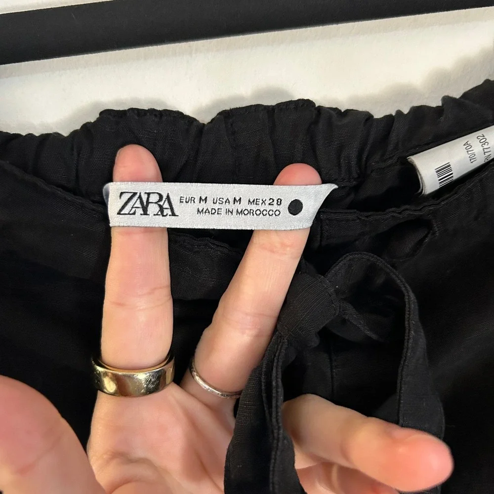 Zara Linen Blend Pants Elastic Waist Tie Crop Black M‎ Good